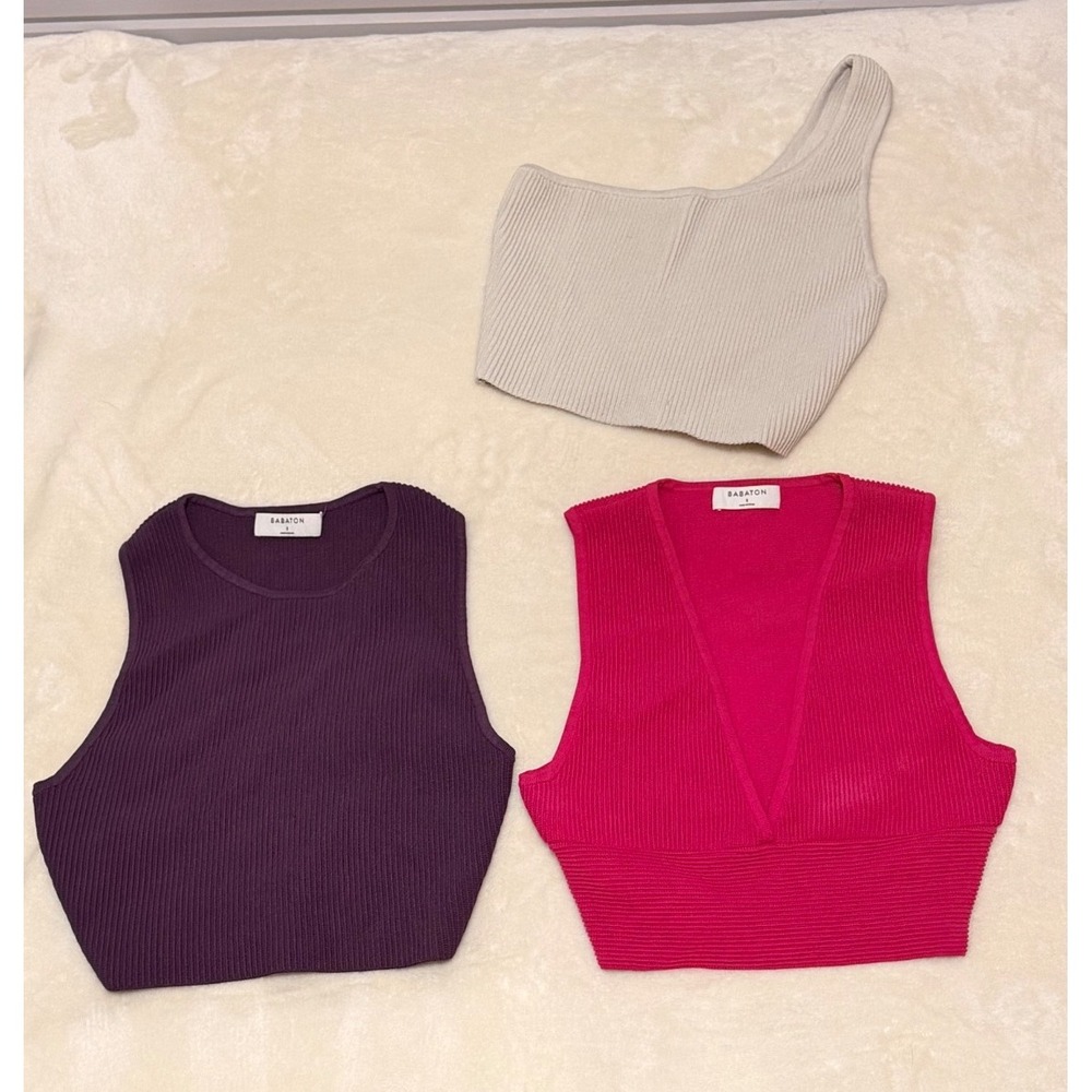 Lot of 3 Aritzia Babaton Sculpt Knit Crop Tank Tops Size Small Pink Purple Cream